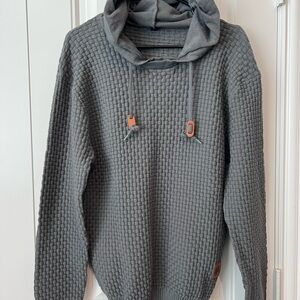 Gray Textured Long Sleeve Hoodie Men's Sweater